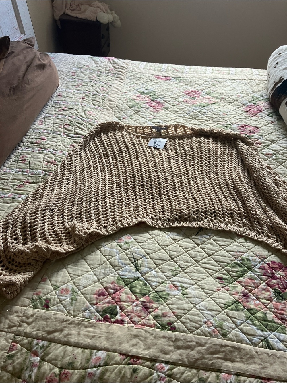Tempo Paris Open-Knit Cropped Sweater Shrug in Tan